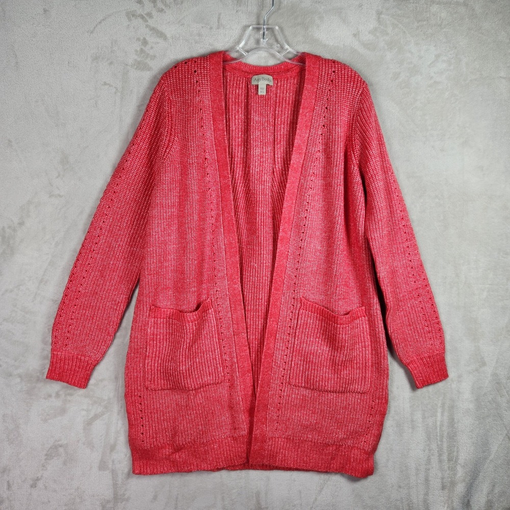 AnyBody Sweater Cardigan Womens XS Cherry Pointelle Stitch Comfy Casual A670920